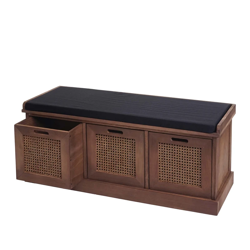 Banc banquette en bois de paulownia marron et MDF avec coussin noir boites de rangement 47x110x40cm BAN04053