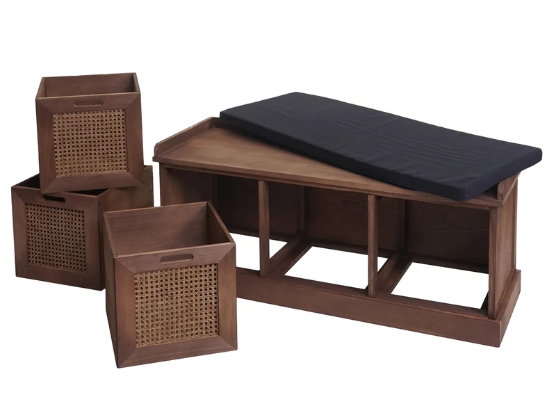 Banc banquette en bois de paulownia marron et MDF avec coussin noir boites de rangement 47x110x40cm BAN04053