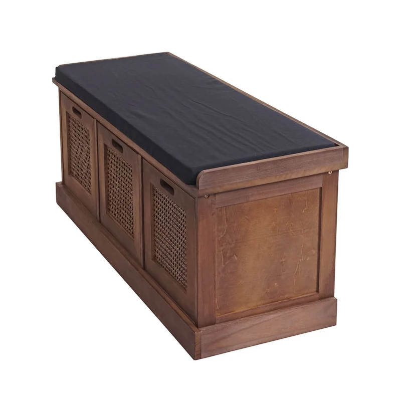 Banc banquette en bois de paulownia marron et MDF avec coussin noir boites de rangement 47x110x40cm BAN04053