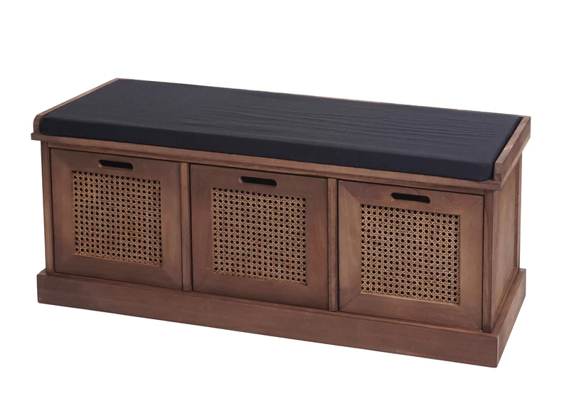 Banc banquette en bois de paulownia marron et MDF avec coussin noir boites de rangement 47x110x40cm BAN04053