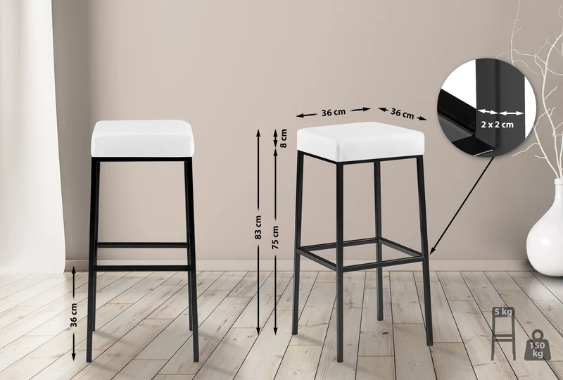 Tabouret de bar x1 avec repose-pieds assises carrées hauteur 83 cm en similicuir blanc et métal noir 10_0005974
