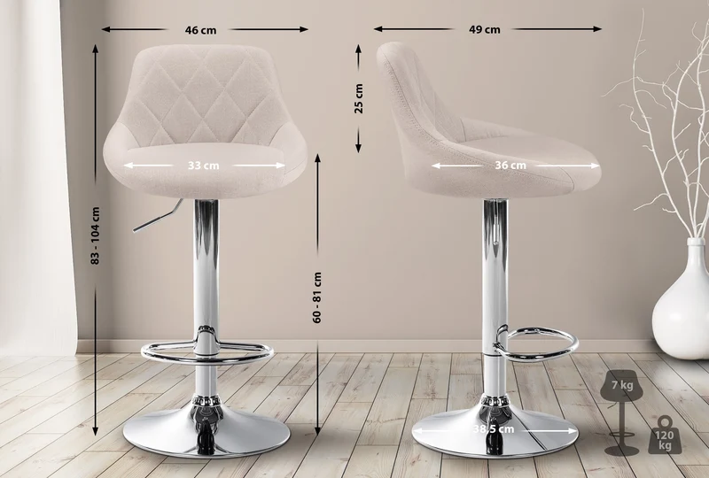 Tabouret de bar chaise haute x 1 avec coutures décoratives assise en tissu crème pieds métal chromé 10_0005084