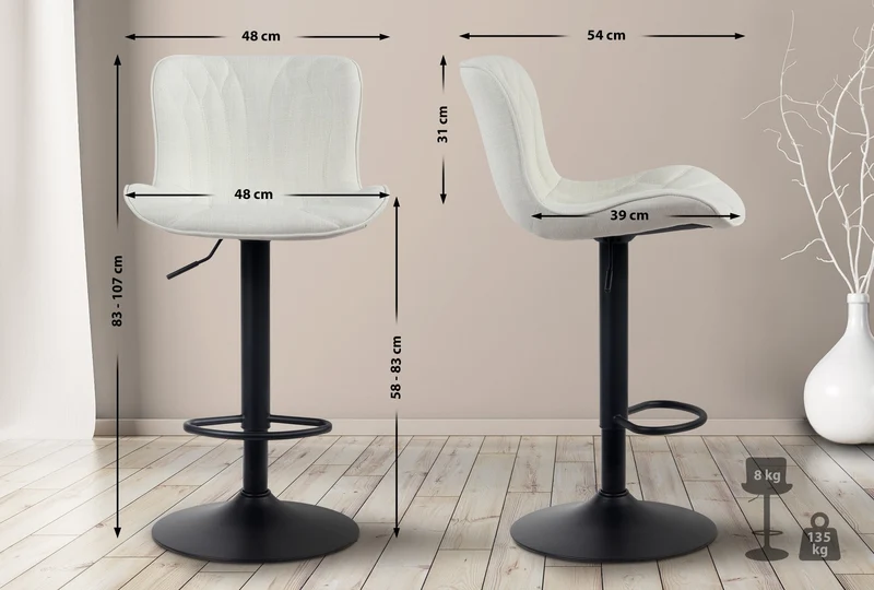 Tabouret de bar chaise haute x1 avec coutures décoratives en tissu crème pieds en métal noir 10_0005176