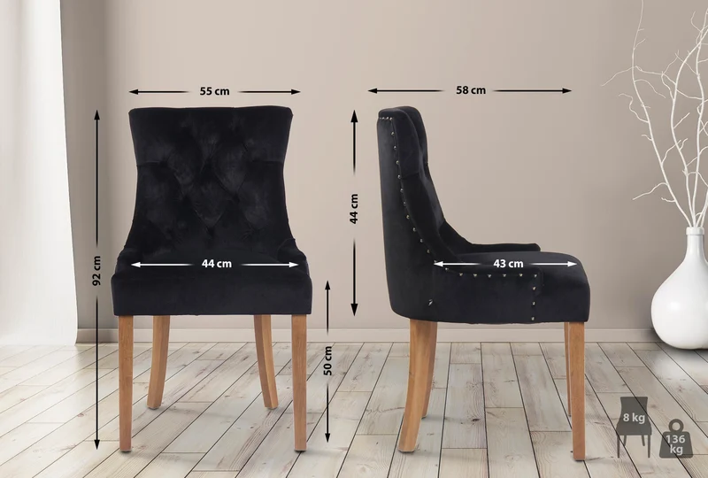 Chaise de salle à manger x1 design antique capitonné en velours noir avec 4 pieds en bois clair 10_0001938