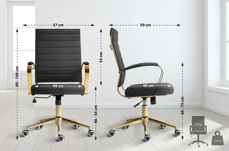 Fauteuil de bureau design chic dossier ergonomique en similicuir noir cadre métal doré BUR10709