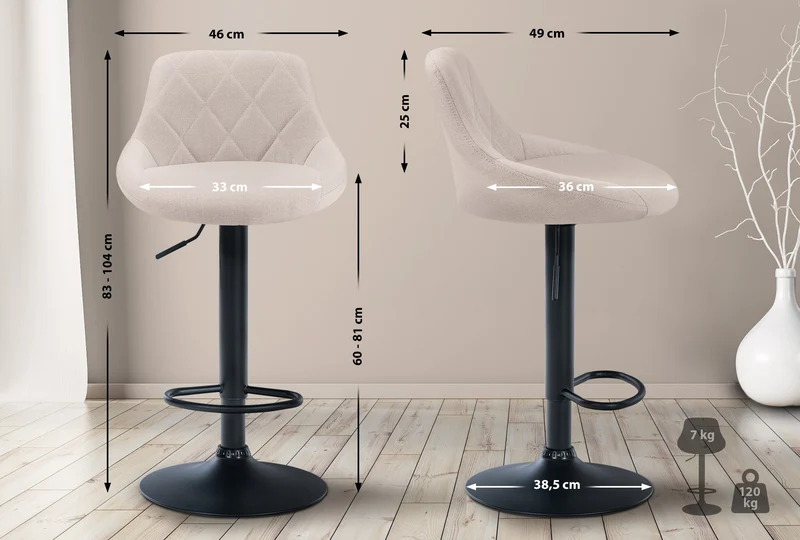 Tabouret de bar chaise haute x 1 avec coutures décoratives assise en tissu crème pieds métal noir 10_0005088