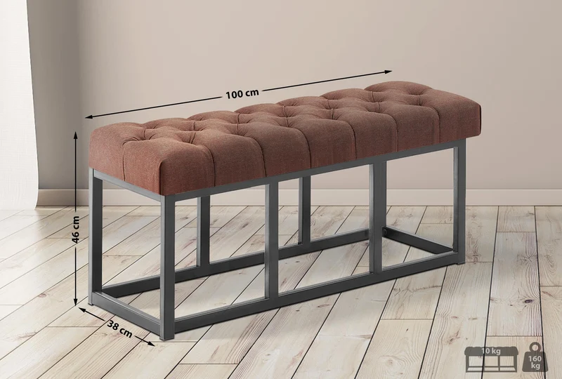 Banc en tissu marron avec boutons décoratives structure en métal noir 100 x 38 x 46 cm 10_0008803