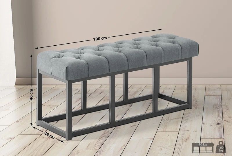 Banc d'entrée en tissu gris foncé boutons décoratifs avec structure en métal noir 100 x 38 x 46 cm 10_0008784