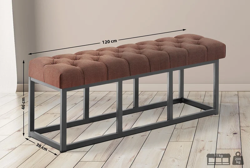 Banc d'entrée en tissu marron boutons décoratifs avec structure en métal noir 120 x 38 x 46 cm 10_0008727