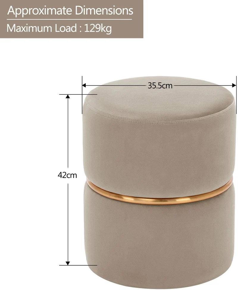 Tabouret rembourré rond pouf collier métallique doré en tissu velours beige TABO09063
