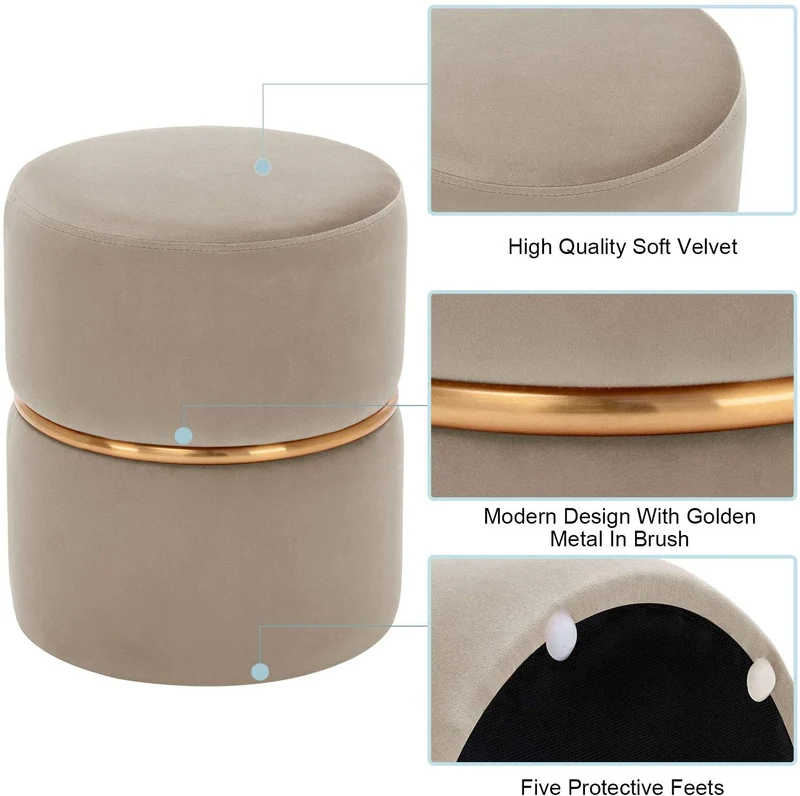 Tabouret rembourré rond pouf collier métallique doré en tissu velours beige TABO09063