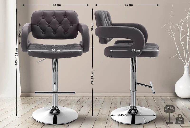 Tabouret de bar x1 avec repose-pied et accoudoirs capitonné en PVC marron support en métal chromé 10_0004790