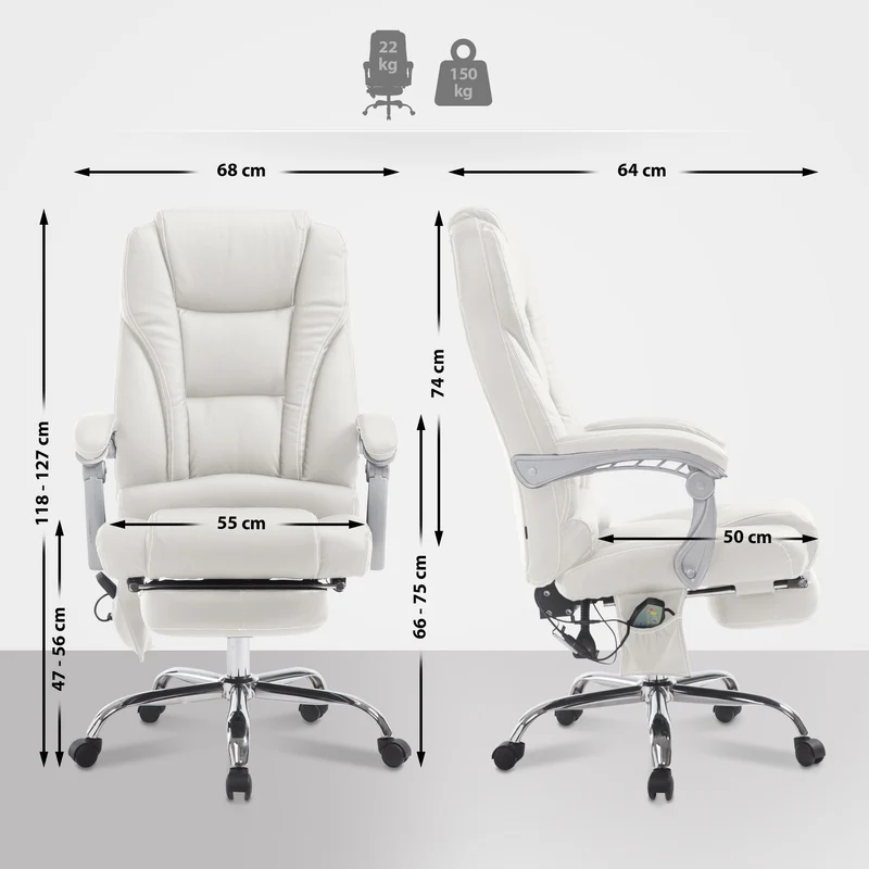 Fauteuil de bureau avec fonction massage repose-pieds dossier inclinable en PVC blanc 10_0002582