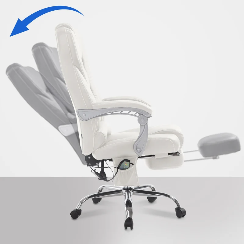Fauteuil de bureau avec fonction massage repose-pieds dossier inclinable en PVC blanc 10_0002582
