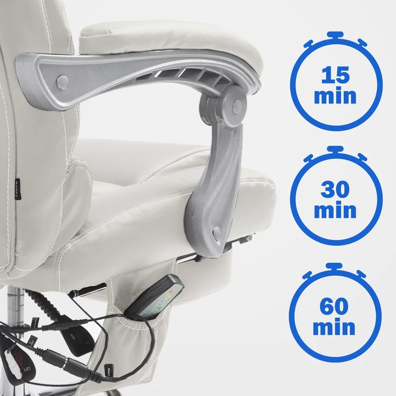 Fauteuil de bureau avec fonction massage repose-pieds dossier inclinable en PVC blanc 10_0002582