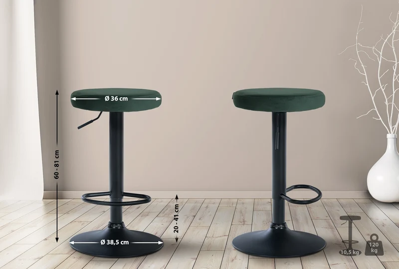 Lot de 2 tabourets de bar avec assise en tissu velours vert et cadre métal noir TDB10708
