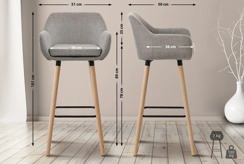 Lot de 2 tabourets de bar lounge design scandinave assise en tissu gris pieds en bois repose-pieds en métal 10_0004174