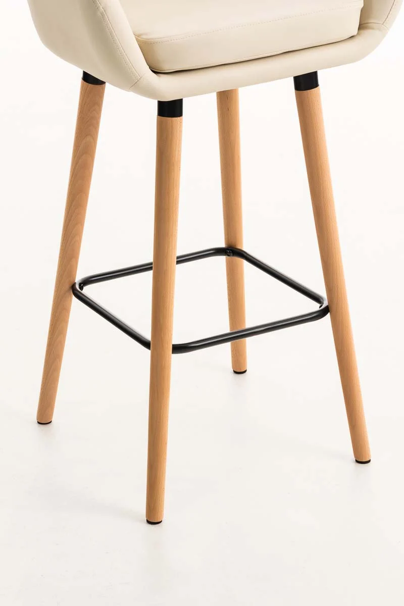 Tabouret de bar x1 design scandinave en PVC crème cadre en bois repose-pieds en métal 10_0006151