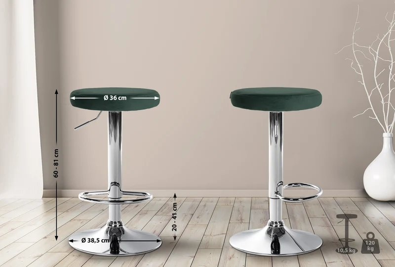 Lot de 2 tabourets de bar avec assise en tissu velours vert et cadre métal chromé TDB10716