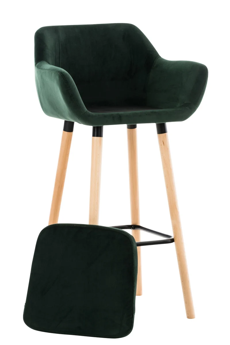 Lot de 2 tabourets de bar en velours vert pieds en bois avec repose-pieds et accoudoirs style rétro moderne 10_0000319