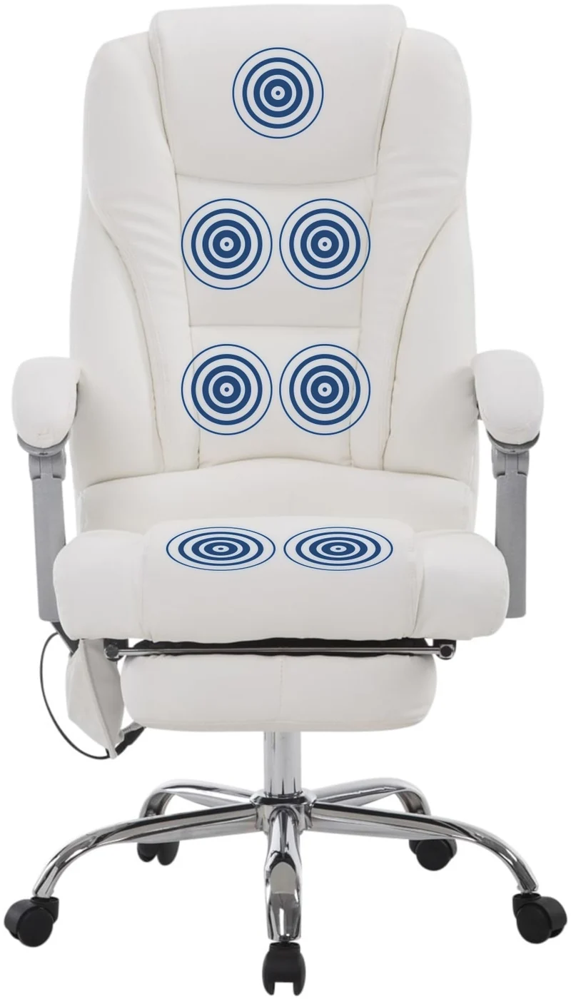 Fauteuil de bureau ergonomique fonction massage avec repose-pieds extensible accoudoirs en PVC blanc et métal 10_0006978