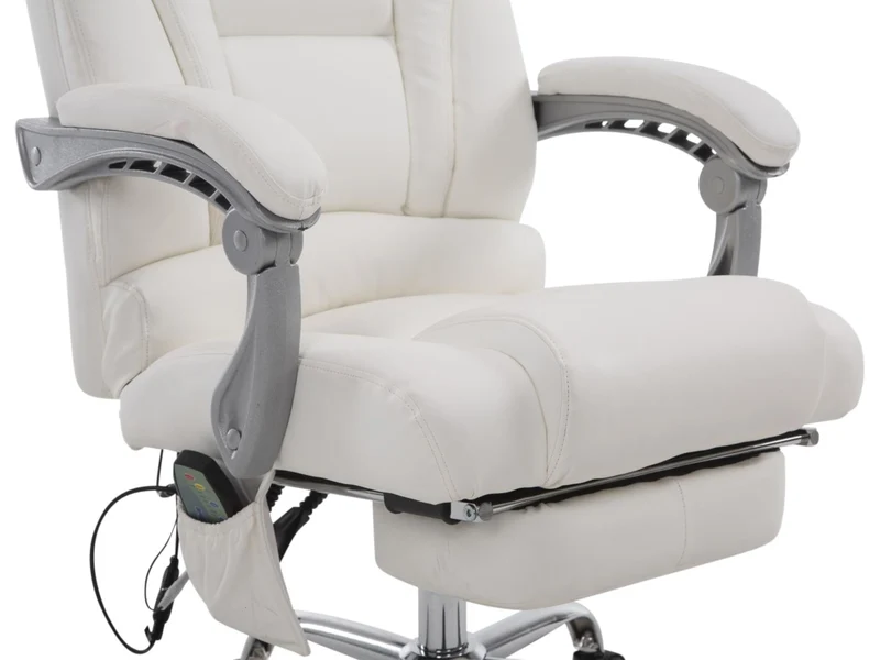 Fauteuil de bureau ergonomique fonction massage avec repose-pieds extensible accoudoirs en PVC blanc et métal 10_0006978