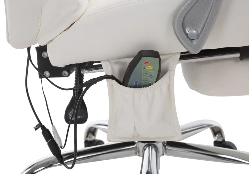 Fauteuil de bureau ergonomique fonction massage avec repose-pieds extensible accoudoirs en PVC blanc et métal 10_0006978