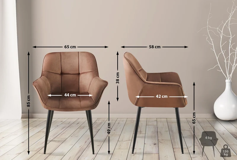 Chaise avec accoudoirs en velours matelassé marron structure métallique noir confort premium 10_0007672