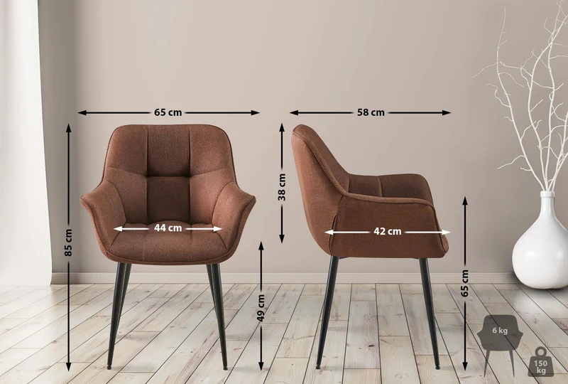 Chaise avec accoudoirs en tissu matelassé marron structure métallique noir confort premium 10_0007590