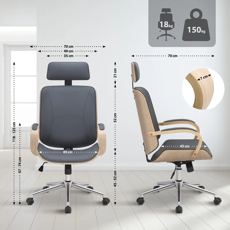 Fauteuil de bureau rétro-chic – Confort et style intemporel assise en PVC gris cadre en métal et bois couleur bois 10_0006980