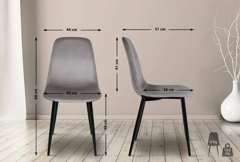 Chaise de salle à manger x1 design simple avec pieds en métal noir assise en velours gris 10_0002067