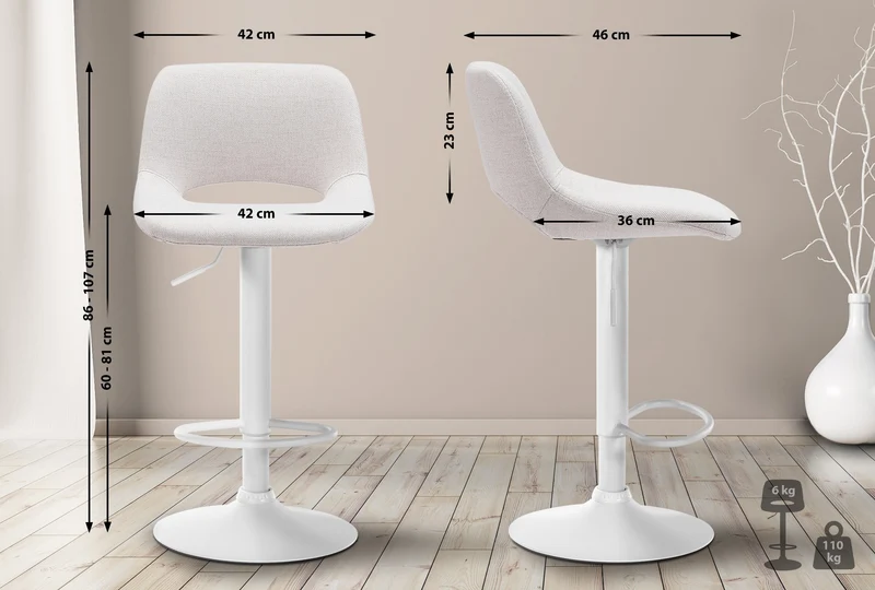 Tabouret de bar chaise haute x1 avec repose-pieds en tissu crème piètement métallique blanc 10_0004617