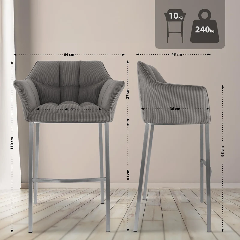 Tabouret de bar x1 assise enveloppante capitonnée en velours côtelé taupe avec structure à 4 pieds en acier inoxydable 10_0006287