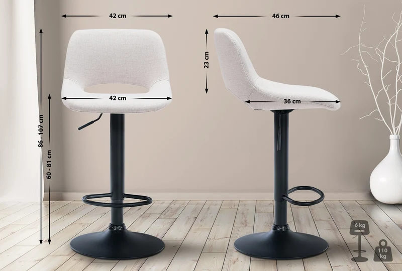 Tabouret de bar chaise haute x1 avec repose-pieds en tissu crème piètement métallique noir 10_0004614