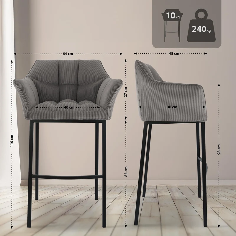 Tabouret de bar x1 assise enveloppante capitonnée en velours côtelé taupe avec structure à 4 pieds en métal noir 10_0006285