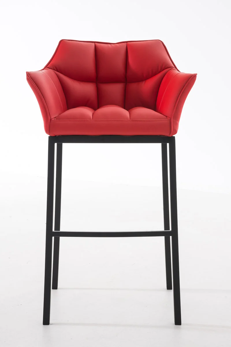 Tabouret de bar chaise haute de comptoir couture carrées assise en PVC rouge 4 pieds stables en métal noir 10_0001172