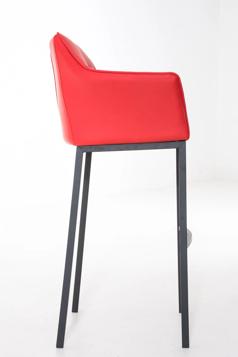 Tabouret de bar chaise haute de comptoir couture carrées assise en PVC rouge 4 pieds stables en métal noir 10_0001172