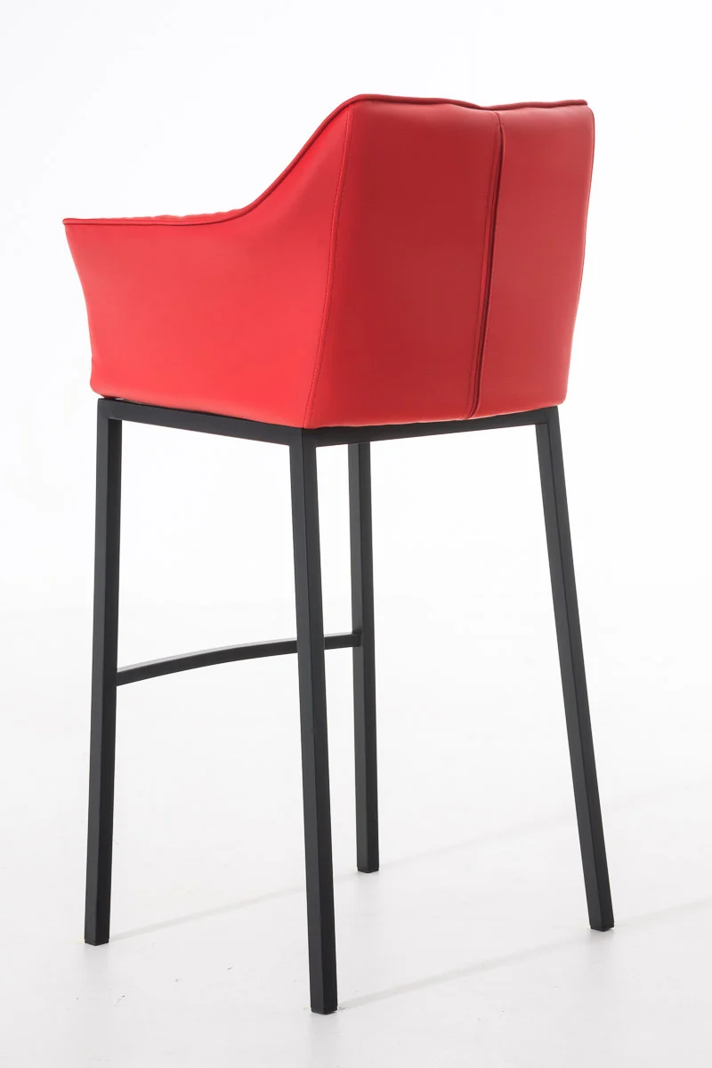 Tabouret de bar chaise haute de comptoir couture carrées assise en PVC rouge 4 pieds stables en métal noir 10_0001172