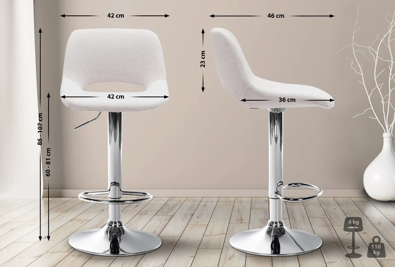 Tabouret de bar chaise haute x1 avec repose-pieds en tissu crème piètement métallique chromé 10_0004611