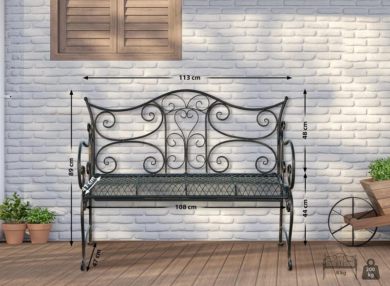 Banc de jardin avec accoudoirs design rustique largeur 113 cm en métal bronze 10_0002942
