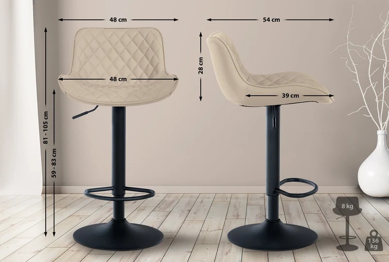 Tabouret de bar x1 assise avec coutures décoratives losange en PVC crème et pieds en métal noir 10_0005225