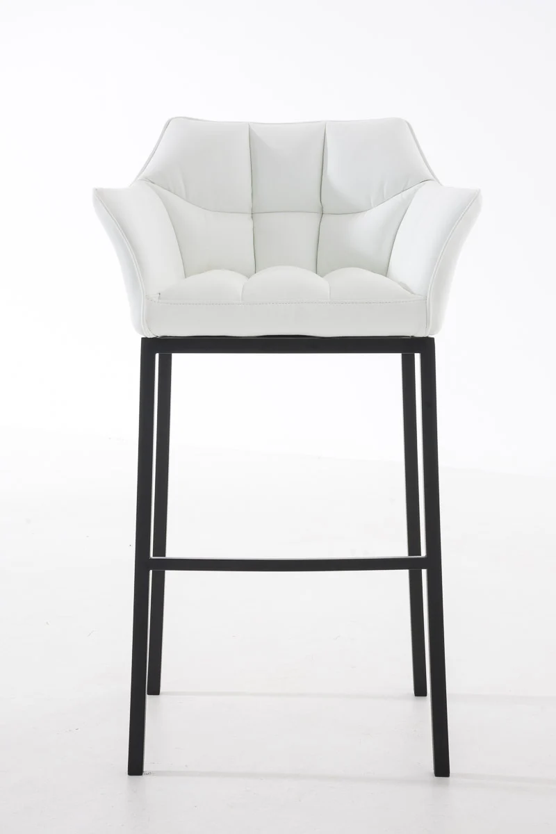 Tabouret de bar chaise haute de comptoir couture carrées assise en PVC blanc 4 pieds stables en métal noir 10_0001175