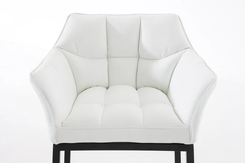 Tabouret de bar chaise haute de comptoir couture carrées assise en PVC blanc 4 pieds stables en métal noir 10_0001175