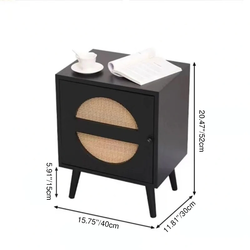 Contemporary Scandinavian Square MDF Rattan Weaving Pinewood Particleboard End Table 1-Cabinet For Living Room & Bedroom