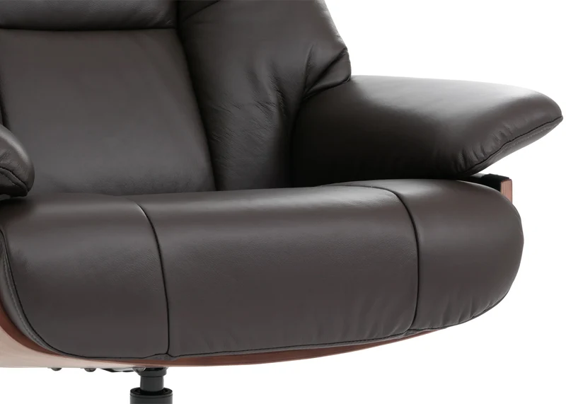 Fauteuil de relaxation avec accoudoirs et repose-pieds en véritable marron et bois 04_0007823