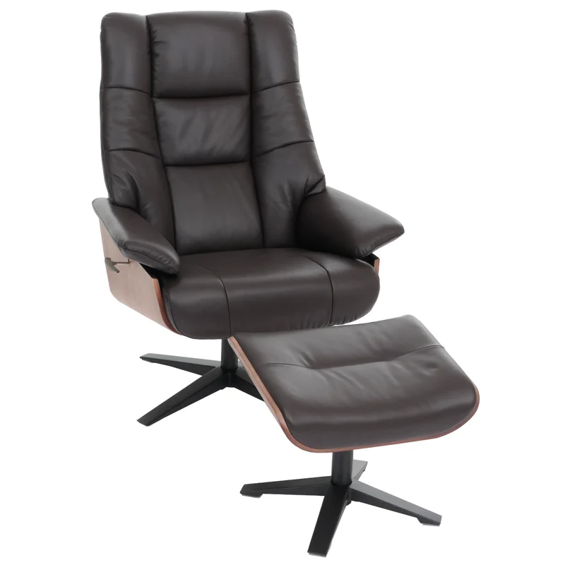 Fauteuil de relaxation avec accoudoirs et repose-pieds en véritable marron et bois 04_0007823