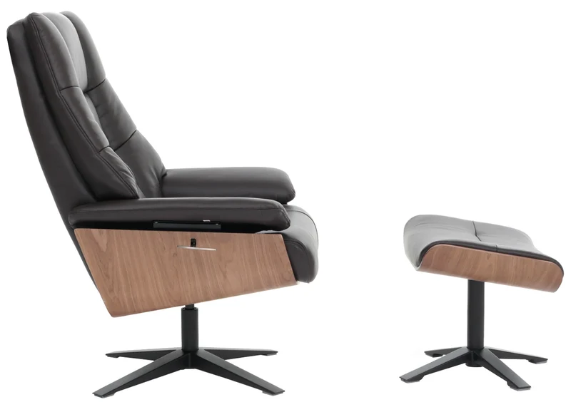Fauteuil de relaxation avec accoudoirs et repose-pieds en véritable marron et bois 04_0007823