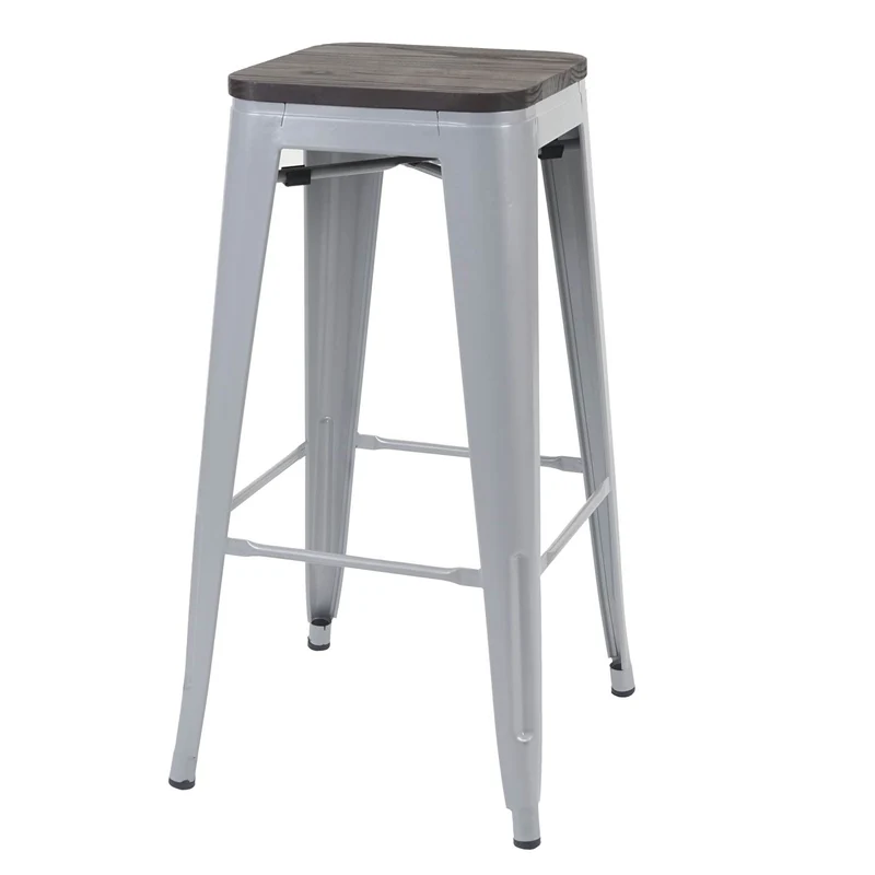 Lot de 4 tabourets de bar assise en bois cadre en métal gris design industriel empilable 04_0007578