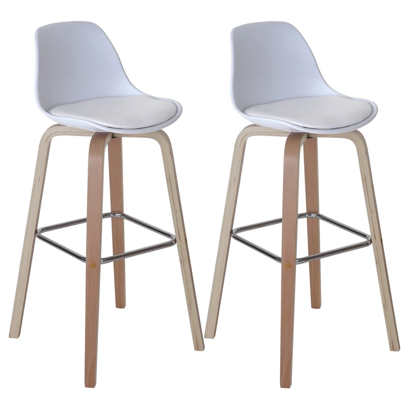 Lot de 2 chaises de bar tabourets comptoir chaise haute en synthétique blanc pieds en bois 04_0000110