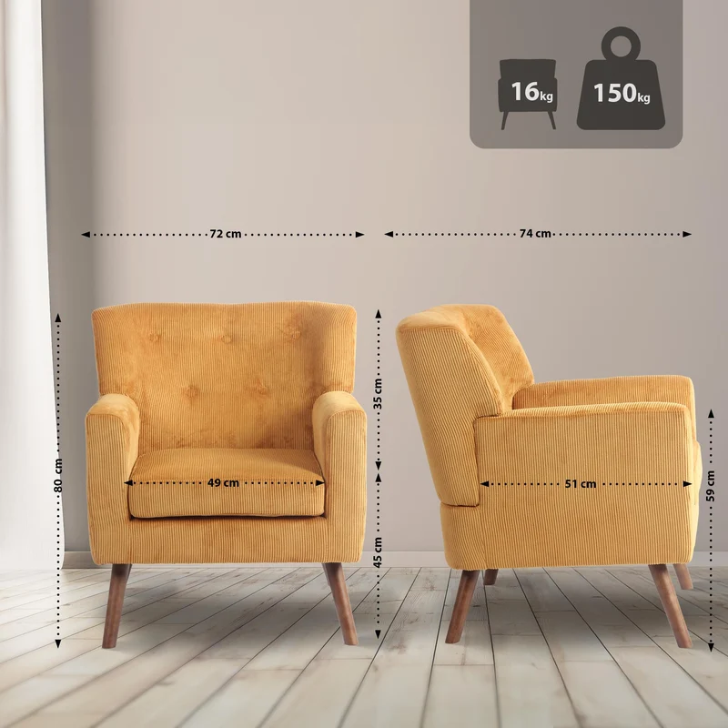 Fauteuil élégant en velours côtelé orange avec dossier à boutons capitonnés pieds en bois 10_0008242